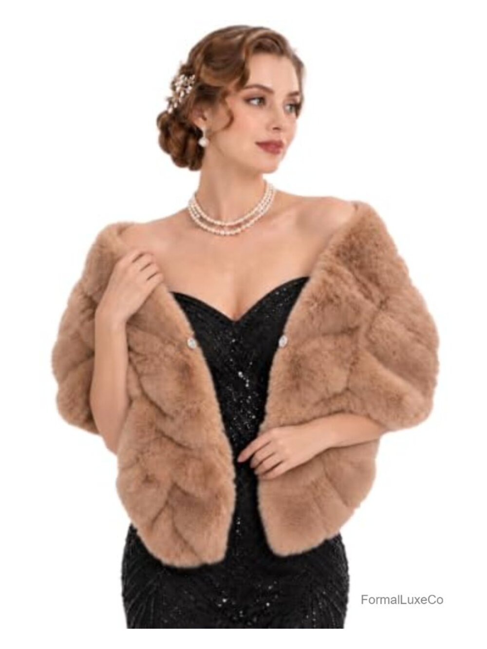 Faux Fur Shawl Rhinestone Evening Wrap Vintage 1920s Gatsby Party